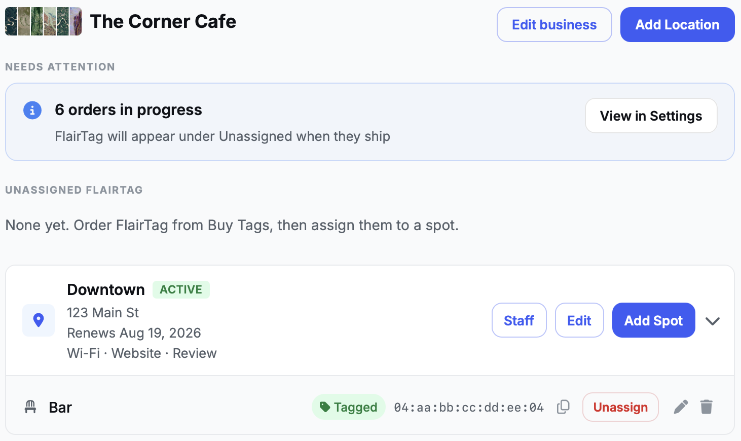 Business dashboard with locations, spots, and FlairTag assignment