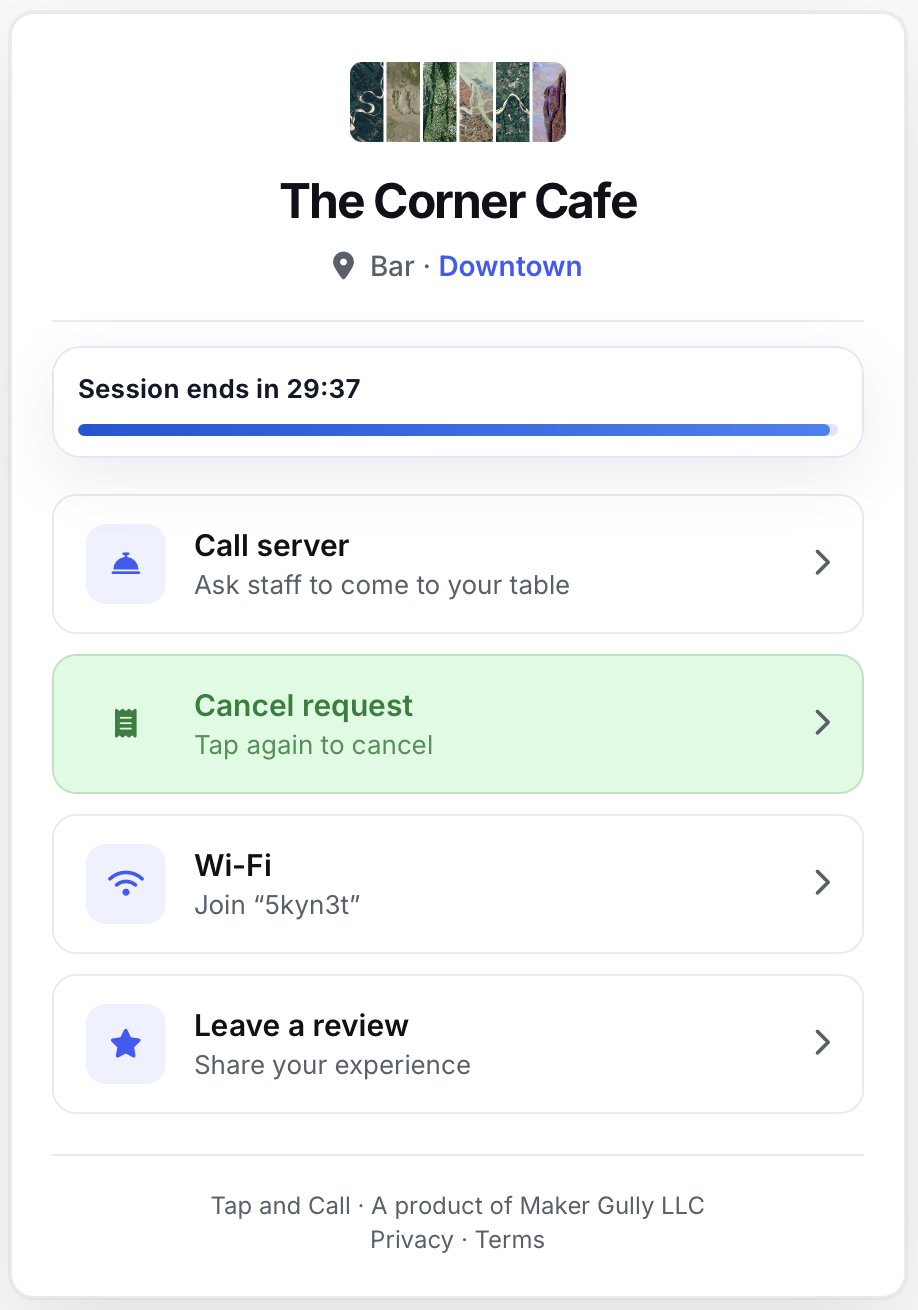 Guest table page with Call server, Wi-Fi, and Leave a review